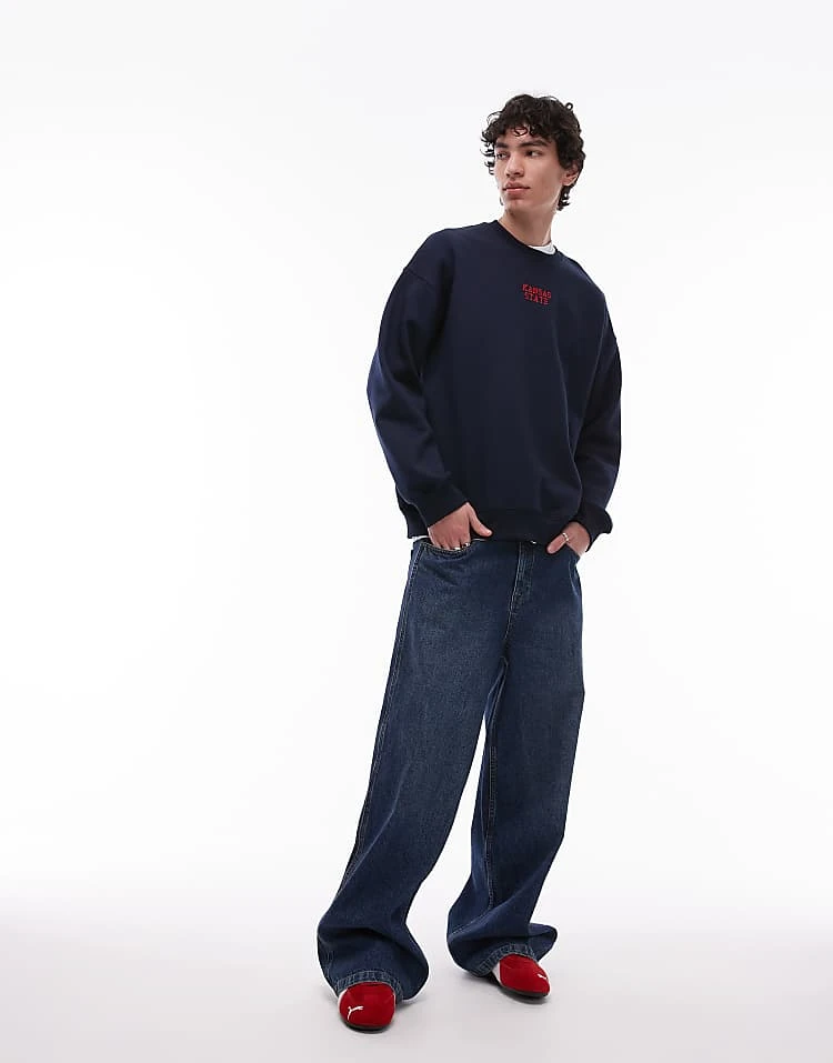 Topman Oversized Fit Sweatshirt With Kansas State Embroidery In Black For Men Navy 4 Topman Oversized Fit Sweatshirt With Kansas State Embroidery In Black For Men Navy - Image 2